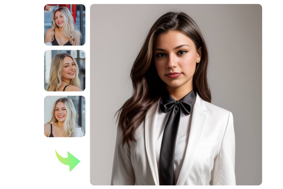 Use Fotors AI headshot generator to convert three female portraits into a professional headshot