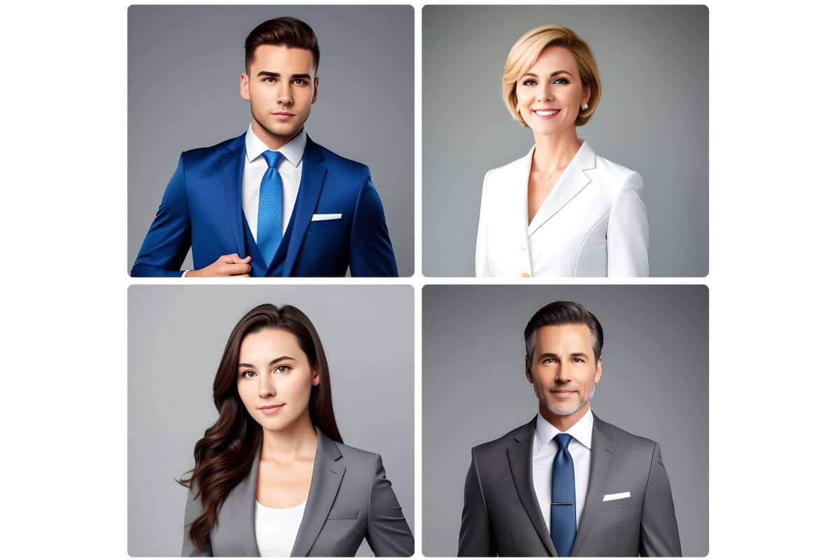 Four AI generated professional headshots with suits