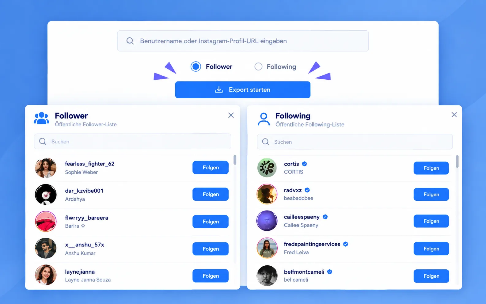 Follower oder Following auswählen