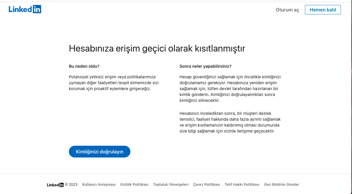 Hesabınıza erişim ge&ccedil;ici olarak kısıtlanmıştır