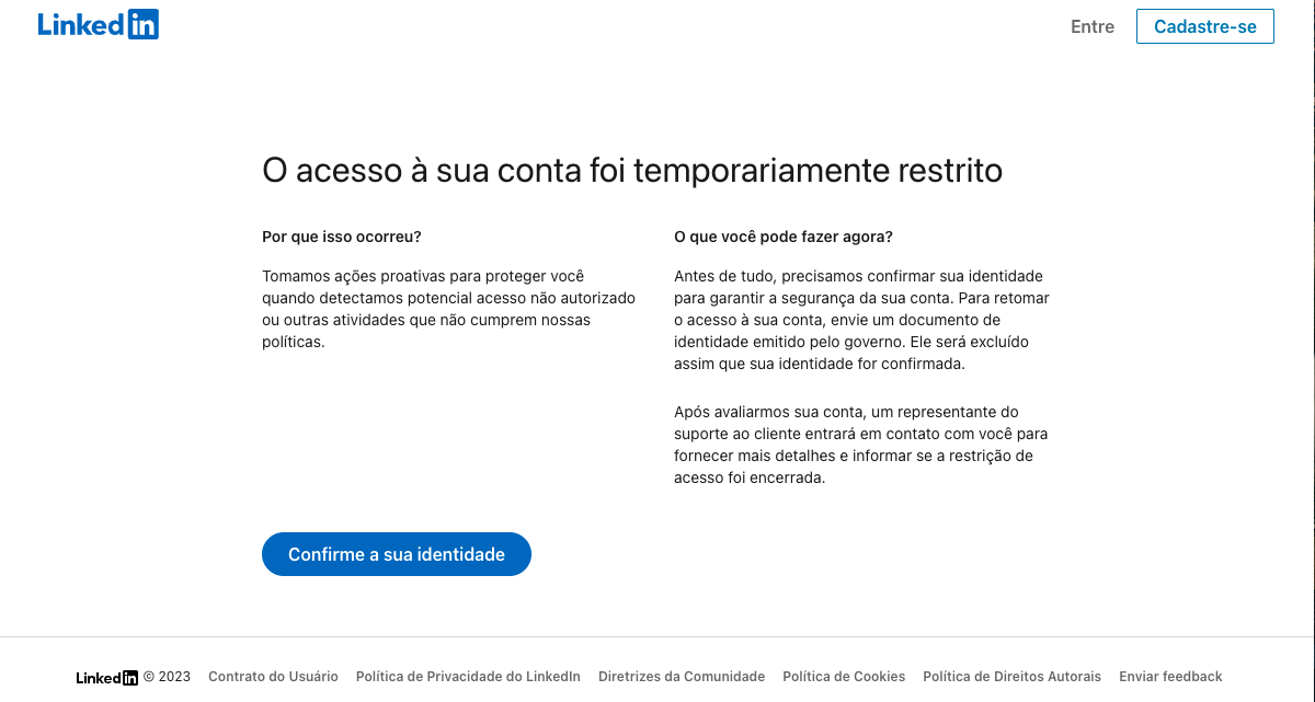 O acesso à sua conta foi temporariamente restrito
